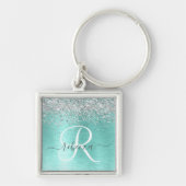 Blauwgroen geborsteld metaal Silver Glitter Monogr Sleutelhanger (Voorkant)