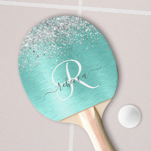 Blauwgroen geborsteld metaal Silver Glitter Monogr Tafeltennisbatje
