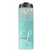 Blauwgroen geborsteld metaal Silver Glitter Monogr Thermosbeker (Voorkant)