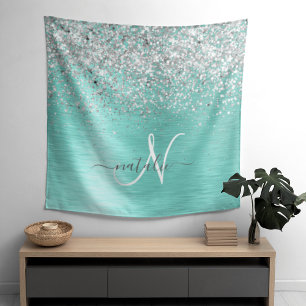 Blauwgroen geborsteld metaal Silver Glitter Monogr Wandkleed