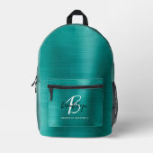Blauwgroen geborsteld metaal zwart wit monogram na bedrukte rugzak (Voorkant)