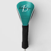 Blauwgroen geborsteld metaal zwart wit script mono golfheadcover (Voorkant)