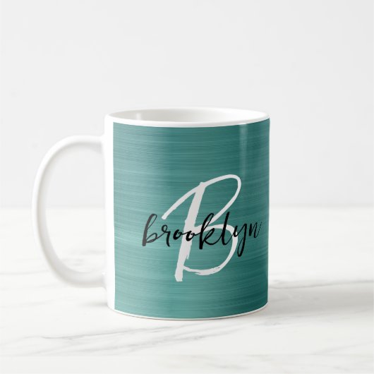 Blauwgroen geborsteld metaal zwart wit script mono koffiemok (Links)