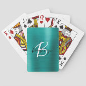 Blauwgroen geborsteld metaal zwart wit script mono pokerkaarten (Achterkant)