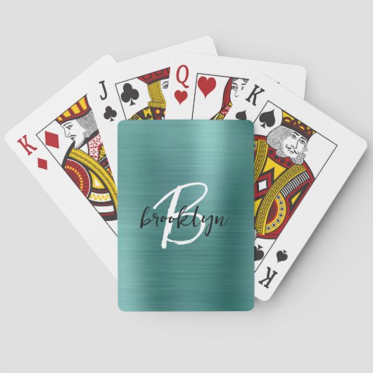 Blauwgroen geborsteld metaal zwart wit script mono pokerkaarten (Achterkant)