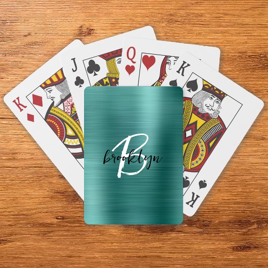 Blauwgroen geborsteld metaal zwart wit script mono pokerkaarten