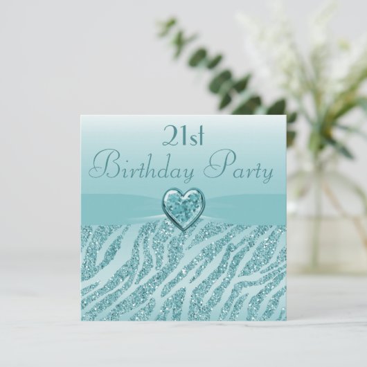 Blauwgroen gedrukt hart en Zebra Glitter 21ste ver Kaart (Staand voorkant)