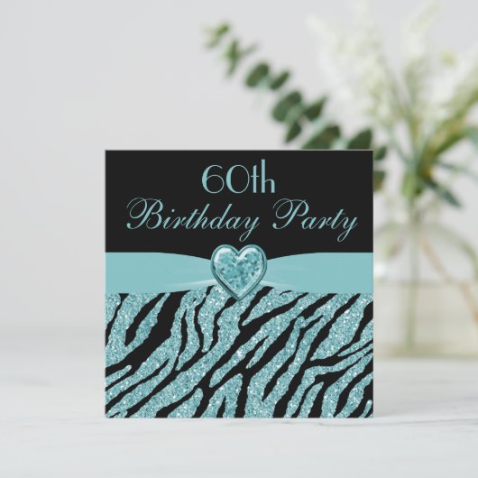 Blauwgroen gedrukt hart en Zebra Glitter 60e verja Kaart (Staand voorkant)