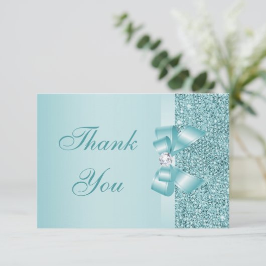 Blauwgroen gedrukte Sequins Bow & Diamond Dank u Bedankkaart (Staand voorkant)