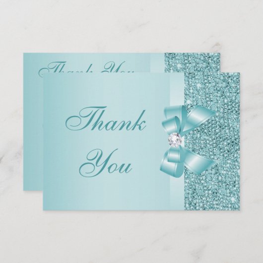Blauwgroen gedrukte Sequins Bow & Diamond Dank u Bedankkaart (Voorkant / Achterkant)