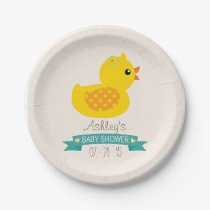 Blauwgroen & geel eendje, eend; Baby shower Papieren Bordje