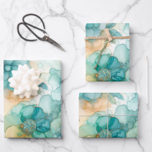 Blauwgroen Gele Alcoholinkt Illustratie Grote Prin Inpakpapier Vel