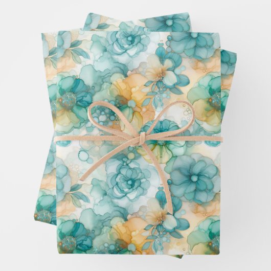 Blauwgroen Gele Alcoholinkt Illustratie Medium Pri Inpakpapier Vel (In situ)