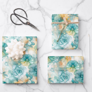 Blauwgroen Gele Alcoholinkt Illustratie Medium Pri Inpakpapier Vel