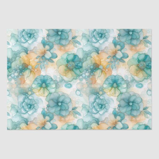 Blauwgroen Gele Alcoholinkt Illustratie Print Tissuepapier (Voorkant)