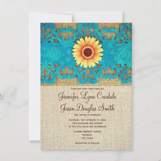 Blauwgroen gele Daisy Rustic Wedding Invitations Kaart (Voorkant)