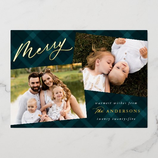 Blauwgroen gepenseld 3 foto folie feestdagenkaart (Voorkant)