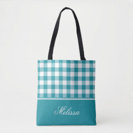 Blauwgroen Gingham | Gepersonaliseerd Draagtas