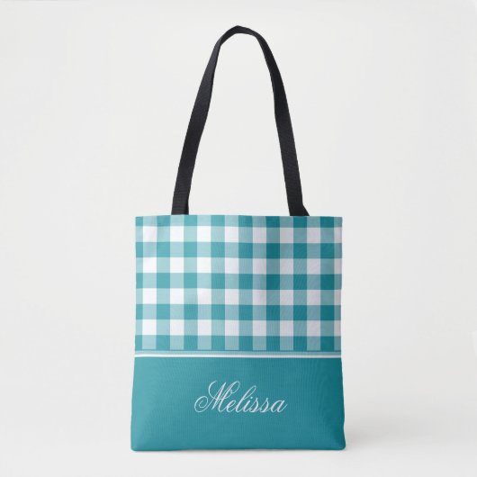 Blauwgroen Gingham | Gepersonaliseerd Draagtas (Voorkant)
