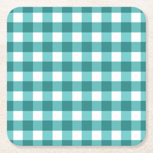 Blauwgroen gingham vierkante kartonnen onderzetter