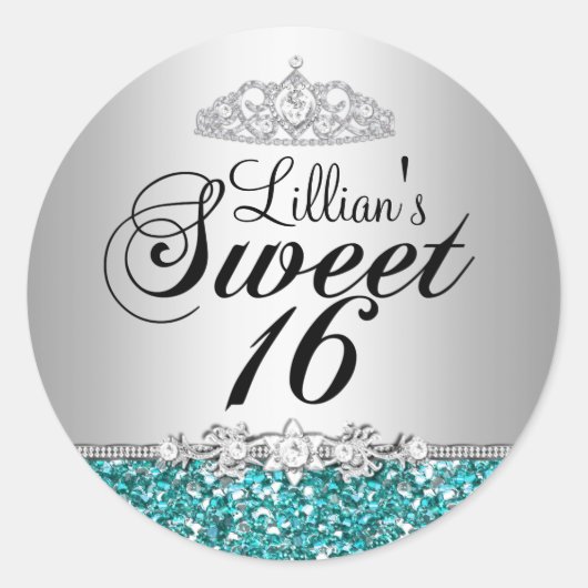 Blauwgroen Glitter & Diamond Tiara Sweet 16 Sticke Ronde Sticker (Voorkant)