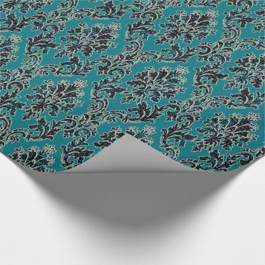 Blauwgroen Glitter Elegant Damask Wrapping Paper Cadeaupapier (Hoek)