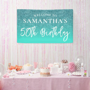 Blauwgroen Glitter en Turquoise 50th Birthday Spandoek