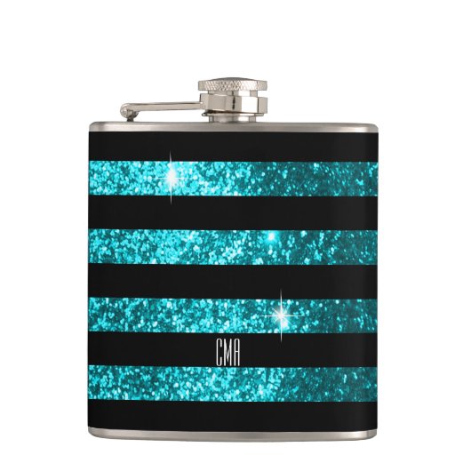Blauwgroen glitter- en zwarte strepen | DIY-monogr Heupfles (Voorkant)