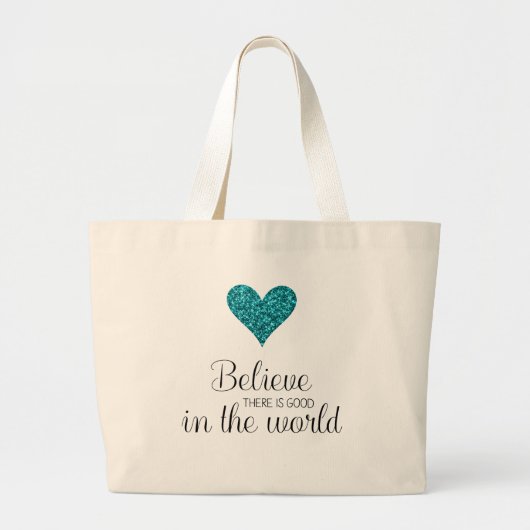 Blauwgroen Glitter Heart Inspirerend Grote Tote Bag (Voorkant)
