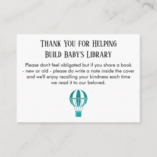 Blauwgroen Glitter Hete Luchtballon Boek Aanvraag Informatiekaartje (Achterkant)