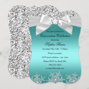 Blauwgroen Glitter Jewel Bow Snowflake Quinceanera Kaart