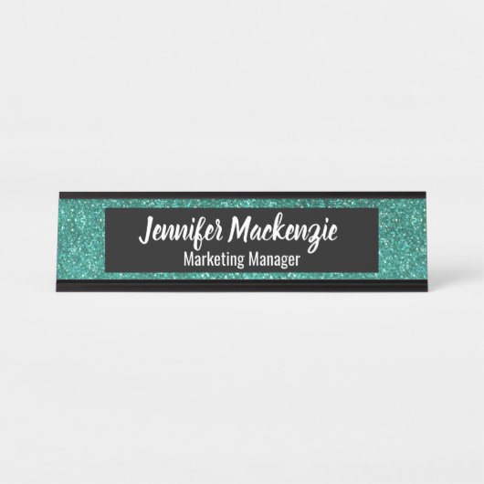Blauwgroen Glitter Kantoor Desk Sign Bureau Naambordje (Voorkant)