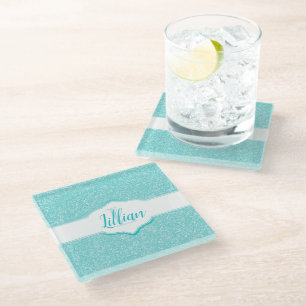 Blauwgroen Glitter Monogram Glazen Onderzetter