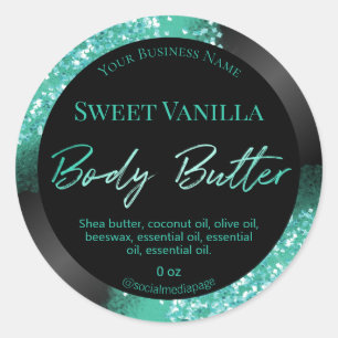 Blauwgroen glitter op zwarte body boterlabels ronde sticker