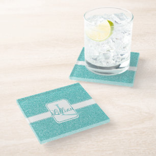 Blauwgroen Glitter Personalized Glass Onderzetter