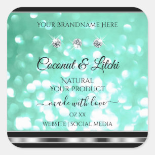 Blauwgroen Glitter-productlabels met diamanten sch Vierkante Sticker