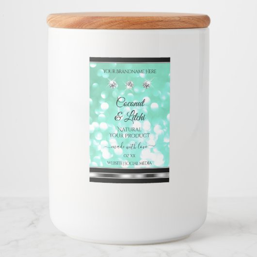 Blauwgroen Glitter-productlabels met diamanten sch Voedselcontainer Etiket (Voorkant)