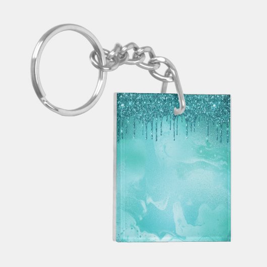 Blauwgroen Glitter Rain op Luxury Metal Marble Sleutelhanger (Voorkant Links)