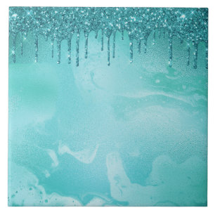Blauwgroen Glitter Rain op Luxury Metal Marble Tegeltje