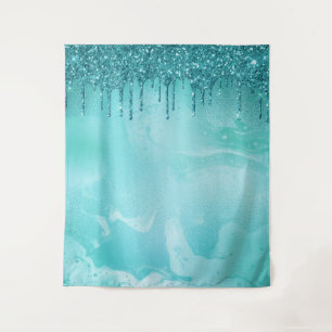 Blauwgroen Glitter Rain op Luxury Metal Marble Wandkleed