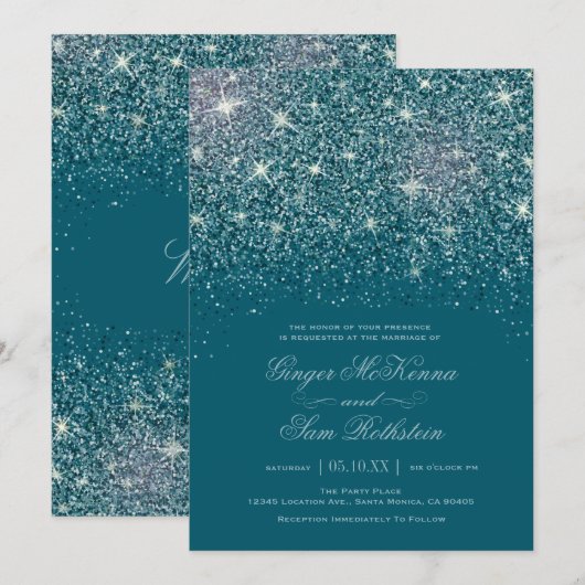 Blauwgroen Glitter Wedding-uitnodigingen Kaart (Voorkant / Achterkant)