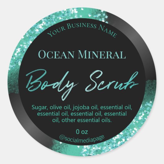 Blauwgroen Glitter Zwart Body Scrub Labels (Voorkant)