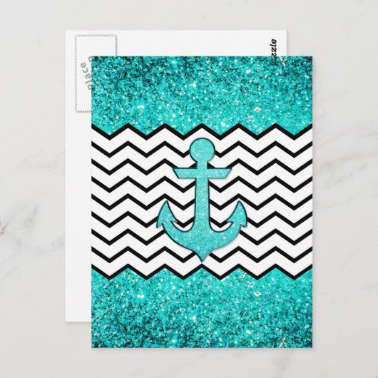 Blauwgroen glitteranker en chevron briefkaart (Voorkant / Achterkant)