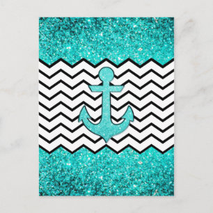 Blauwgroen glitteranker en chevron briefkaart