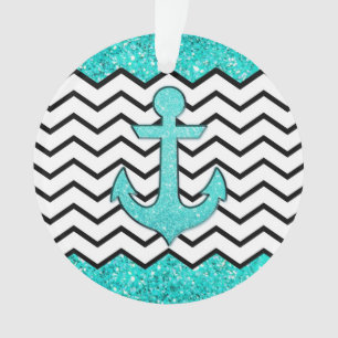 Blauwgroen glitteranker en chevron ornament