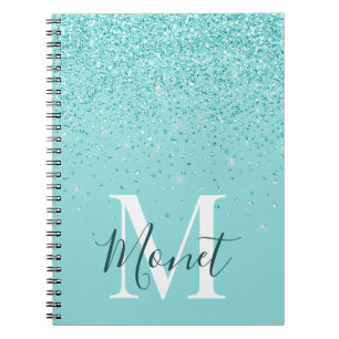 Blauwgroen Glitters Monogram Naam Zelf Ziekteblad Notitieboek