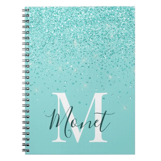 Blauwgroen Glitters Monogram Naam Zelf Ziekteblad Notitieboek (Voorkant)