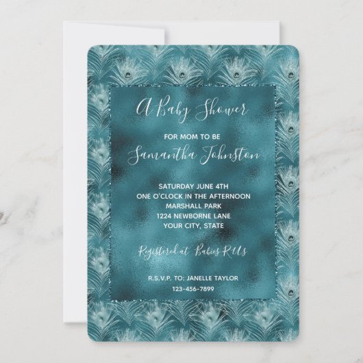 Blauwgroen Glitzy Glam Peacock Feathers Kaart (Voorkant)