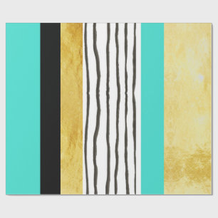 Blauwgroen Gold Black en White Stripes Wrapping Pa Cadeaupapier