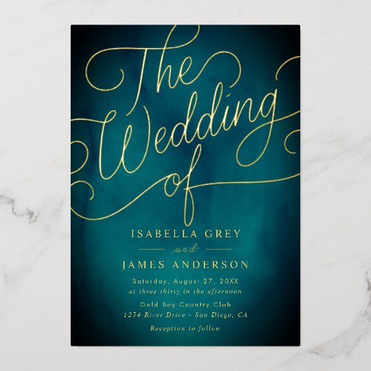 Blauwgroen Gold Calligraphy Script Wedding Folie Uitnodiging (Voorkant)